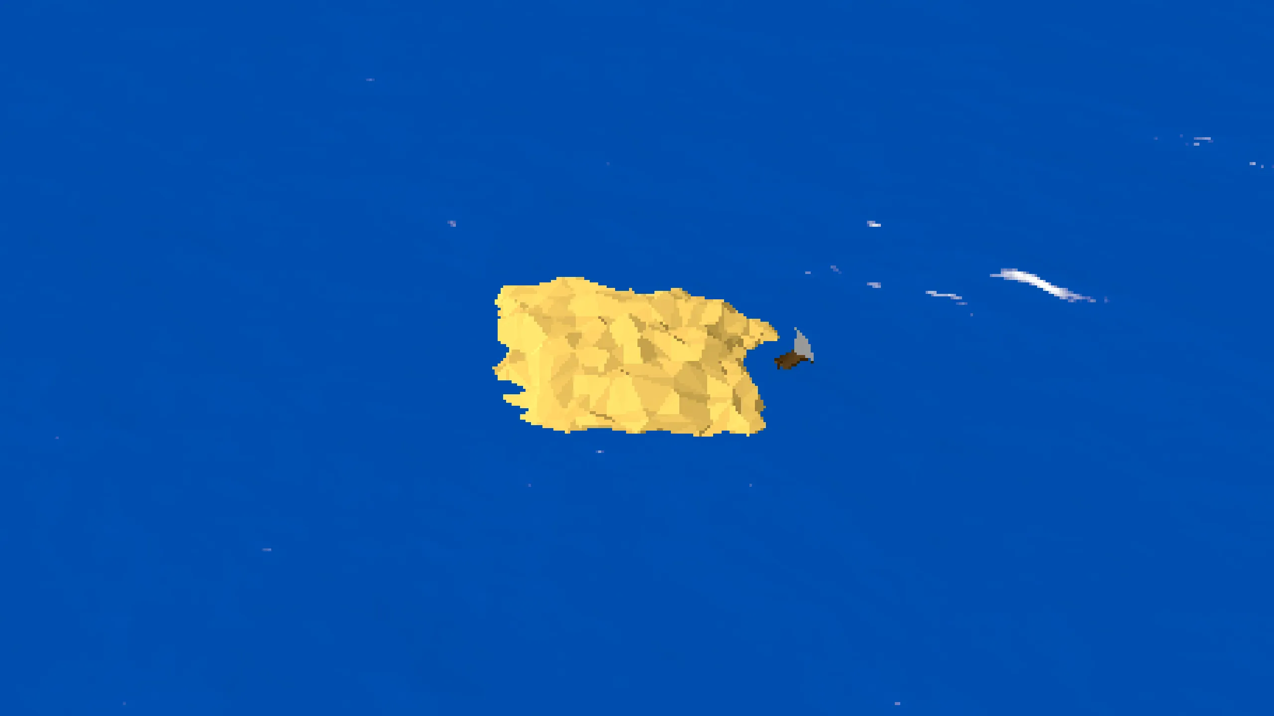 The boat sailing past a low-poly sandy island in the middle of a lake